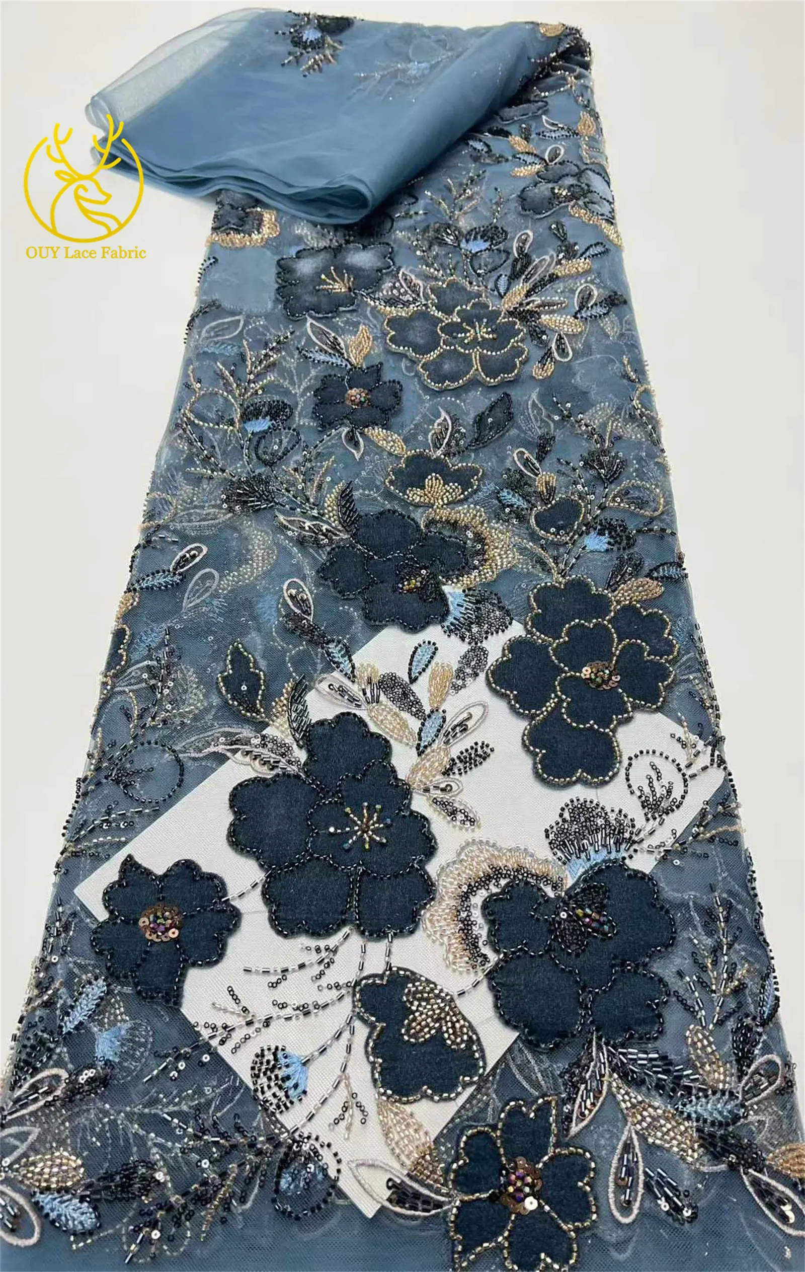 Neues Design Samt-Pailletten-bestickter Spitzenstoff 2026 Hochwertiger afrikanischer Perlen-Spitzenstoff Brautparty Hochzeitskleid Kleid – Detail 12
