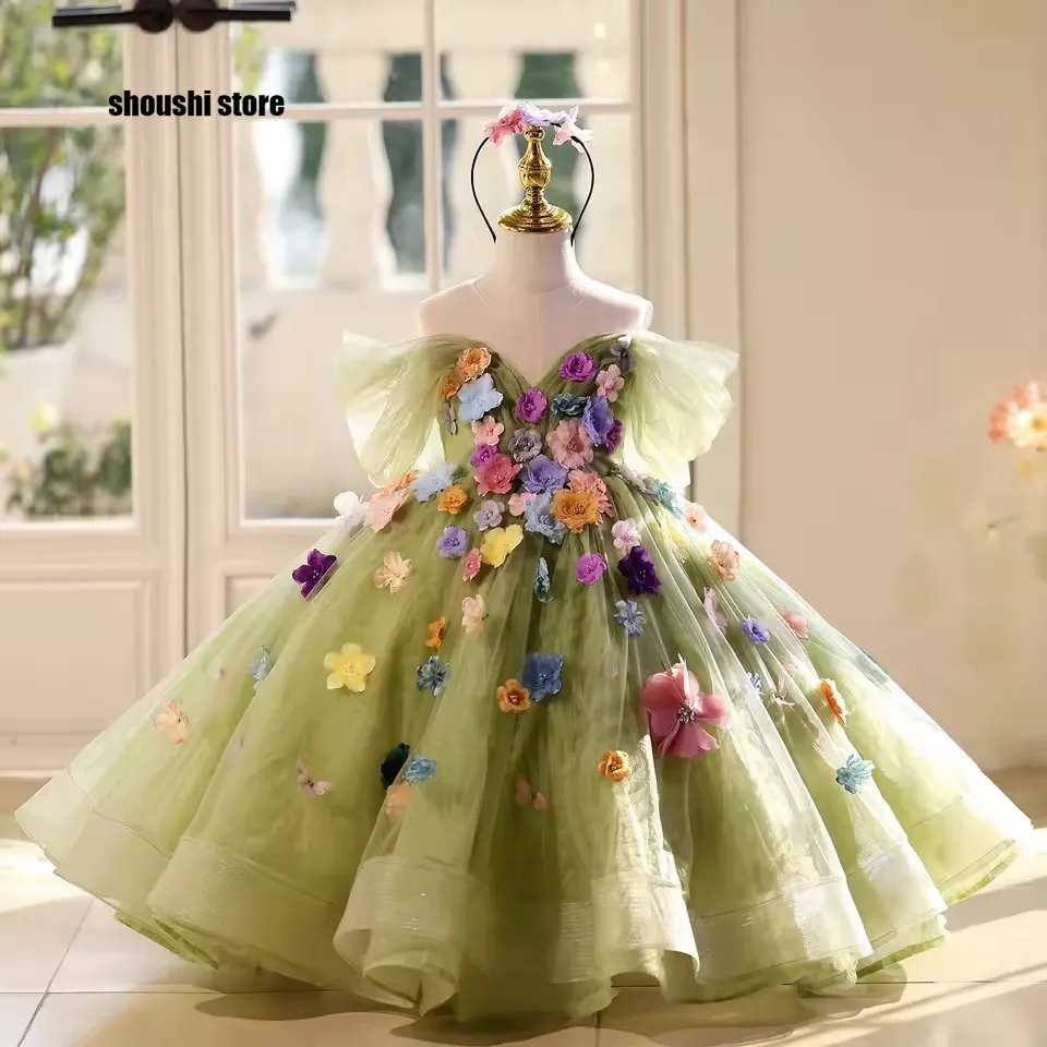 

Girls dress Green Elf Forest Flowers Birthday Princess Dress Elegant Children's Host Speech Dress Gorgeous Dance Puffy Garnish S