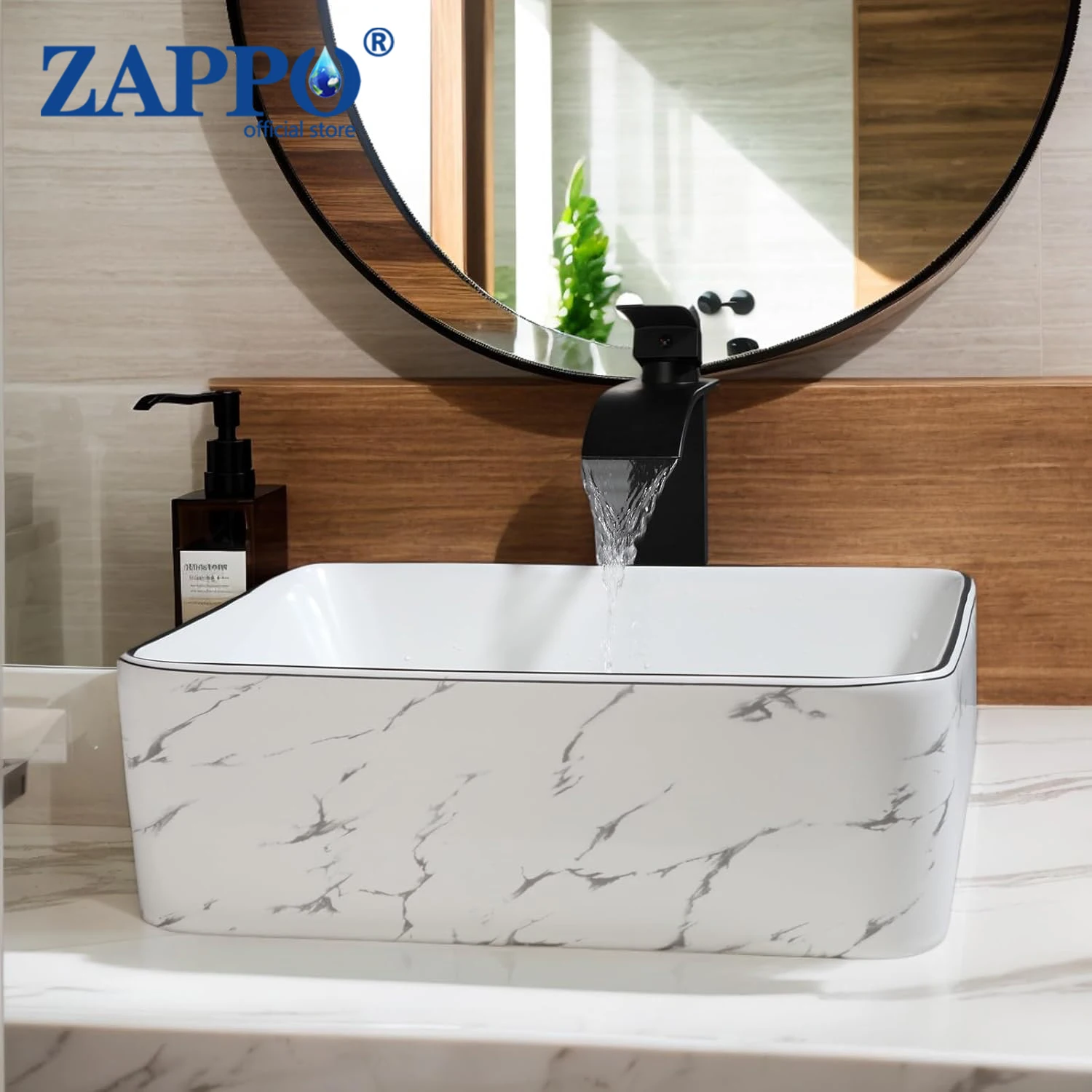 

ZAPPO 16 inch White Marbling Bathroom Sinks Ceramic Vessel Sink Above Counter Bathroom Vessel Sink with Faucet and Drain Combo