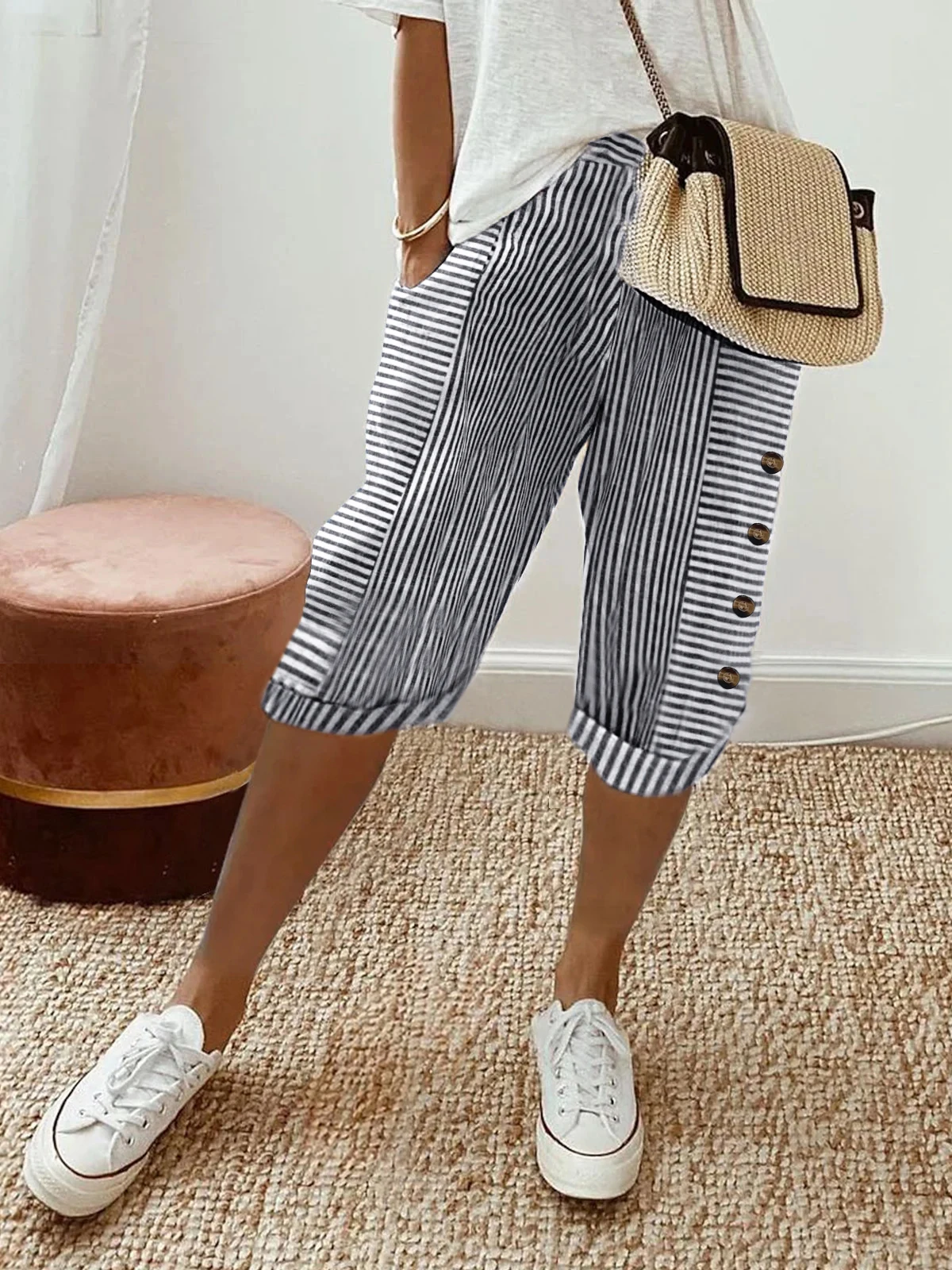 Summer Women Plus Size Black White Striped Capri Pants High Waist Loose Casual Knee Length Trousers Side Buttons