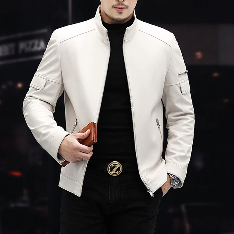 White Leather Jacket For Men 2023 Winter Male Business Simple Standing Collar Short Slim Coat Motorcycle Chaqueta Cuero Hombre