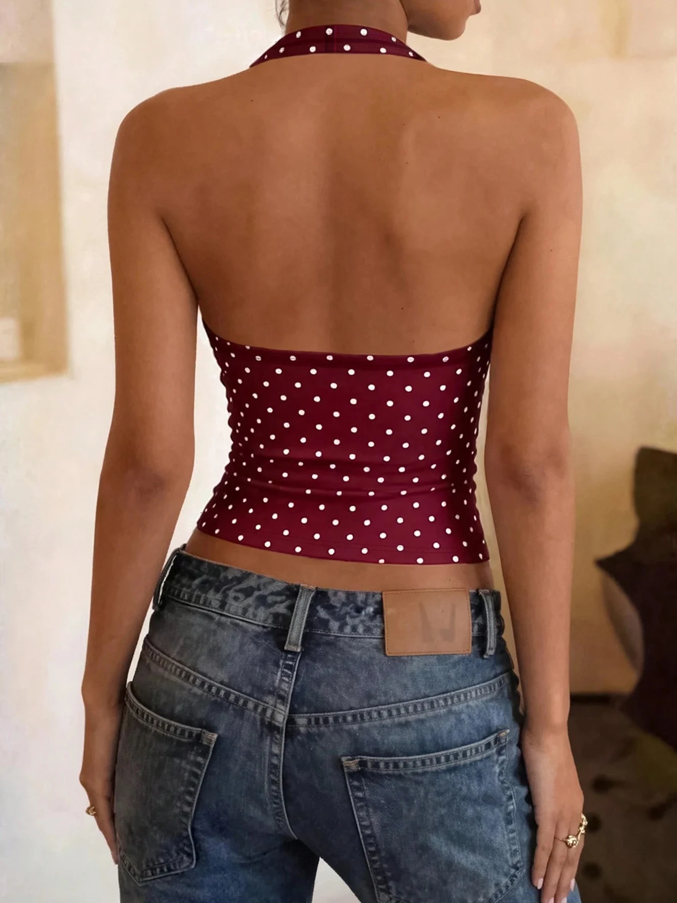 Hugcitar Polka Dot Print Halter Square Collar Backless Sexy Crop Tank Top Summer Women Fashion Outfit Birthday Party Holiday image 4