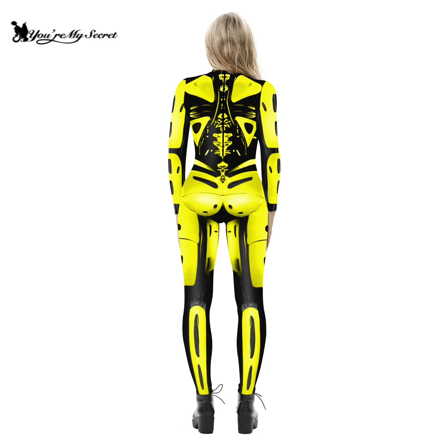 [You're My Secret]Robot Punk Cosplay Costume for Women Digital Printing Yellow Long Sleeves Jumpsuit Halloween Dress Up Bodysuit