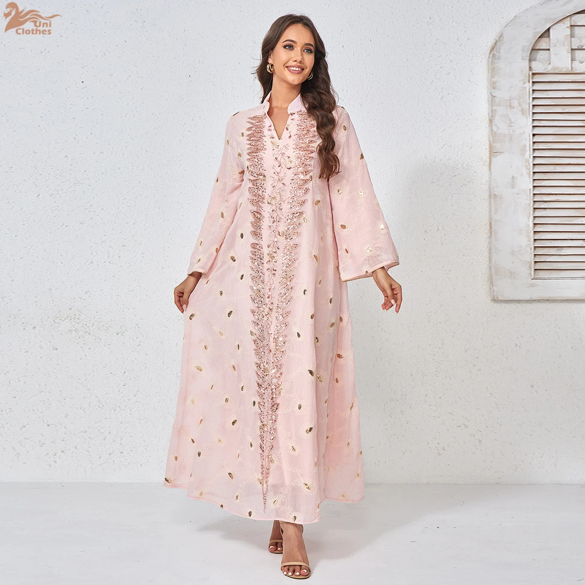 

Ramadan Dubai Floral Embroidery Abayas Muslim Women Evening Dresses Beading Loose Luxury Kaftan