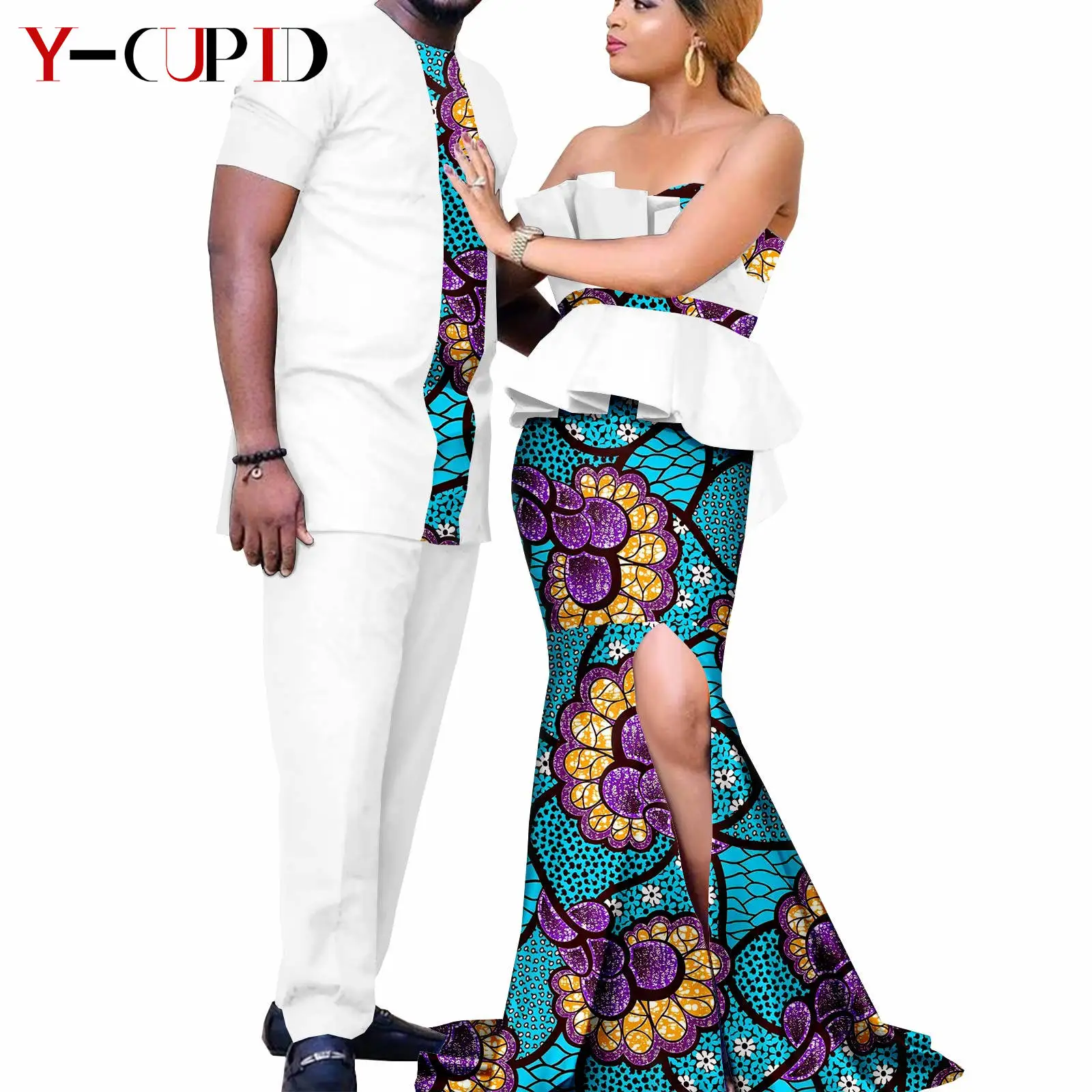 

African Clothes for Couples Women Print Draped Long Dresses Matching Men Outfit Top and Pant Sets Party Evening Vestidos Y22C009