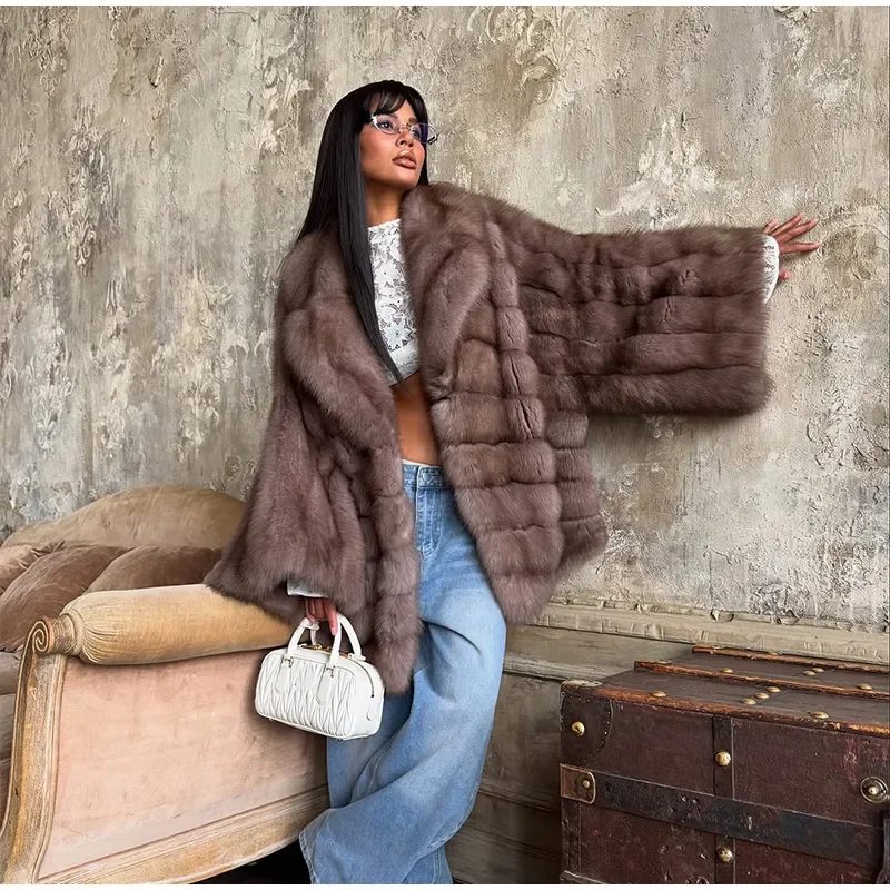 Women Patchwork Faux Fur Coat Elegant Contrast Full Sleeve Lapel Loose Long Staple Plush Jacket Winter High Street Outerwears