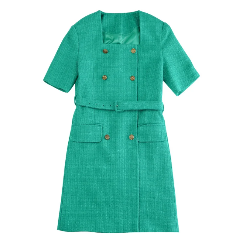

High Quality French Green Woman Dress with Belt Double-breasted Short Sleeve Simple Elegant Formal Tweed Office Lady Suit Dress