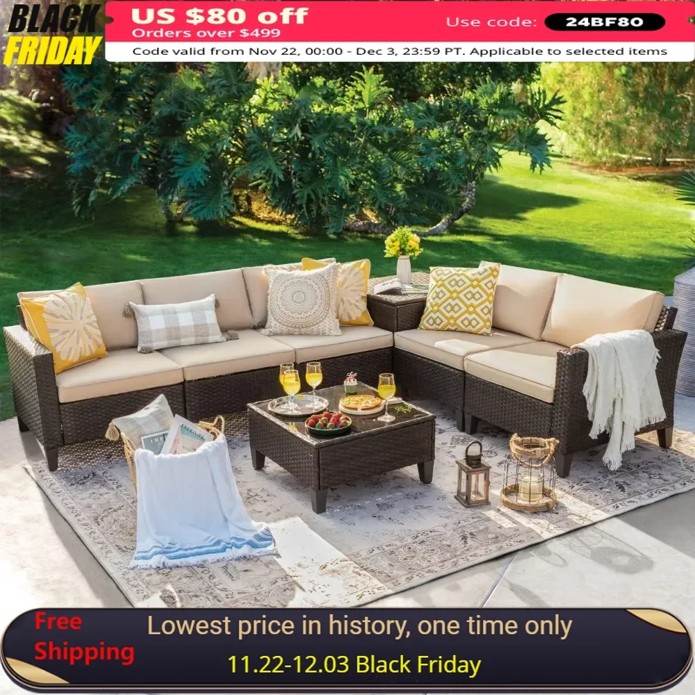 Garden Furniture 5 Piece Set, Wicker Sectional Sofa with Thick Cushions & Tempered Glass Table, Patio Couch Conversation Set