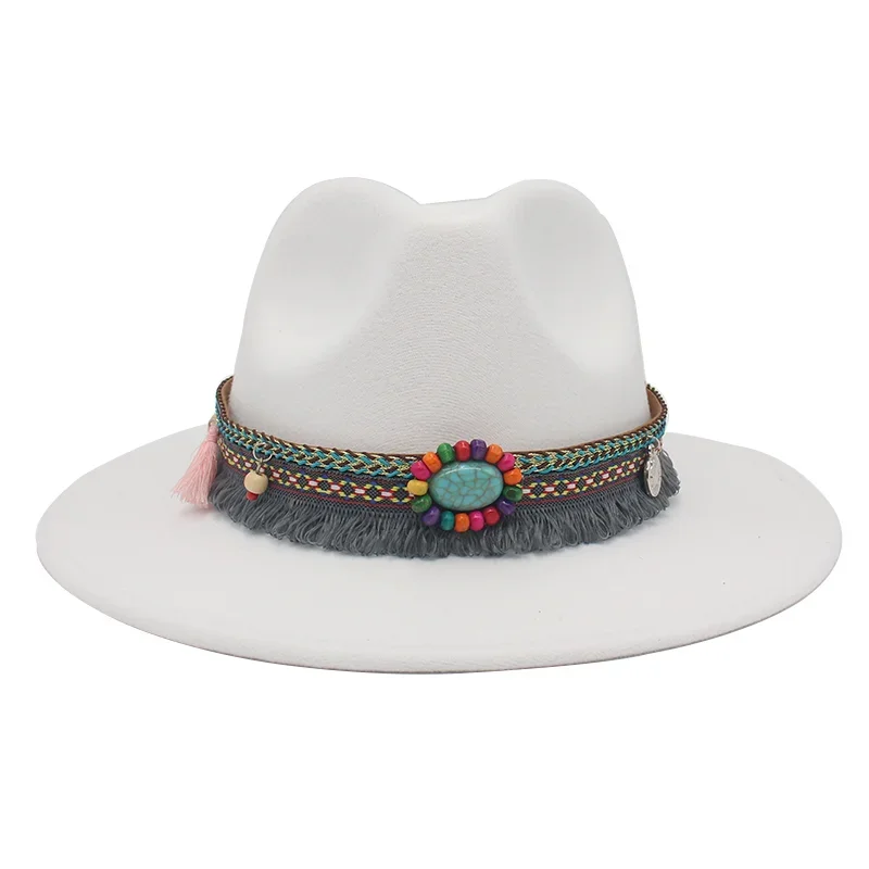 Nuevo sombrero fedora de ala ancha de baile de estilo étnico Sombrero de fieltro casual de lana de imitación de mujer de 52-62 cm sombrero