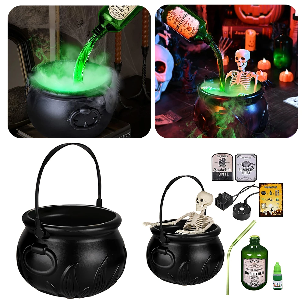 Witch's Refining Skeleton Magic Pot with Bubbling Brew Halloween Floating Potion Flashing Green Lights Horror Theme Party