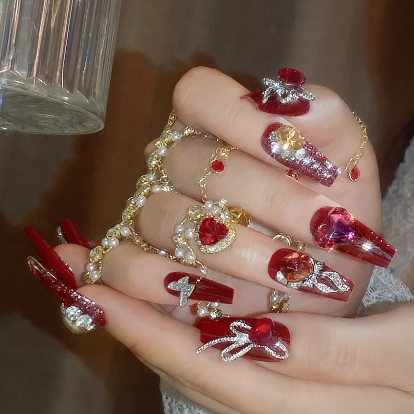 

For New red wearing nail piece flash diamond festive nail art finished product removable fingernail fake nail patch
