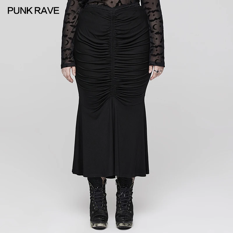 

PUNK RAVE Women's Gothic Slim Fit Elegant Sexy Fishtail Skirt Party Club Lace Waistband Front Pleats Design Long Skirts