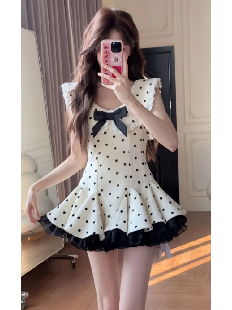 

Sweet Polka Dot Knot Short A-Line Princess Skirt Dress Women's Summer Slim Fit High Waist Sleeveless Dress for Date