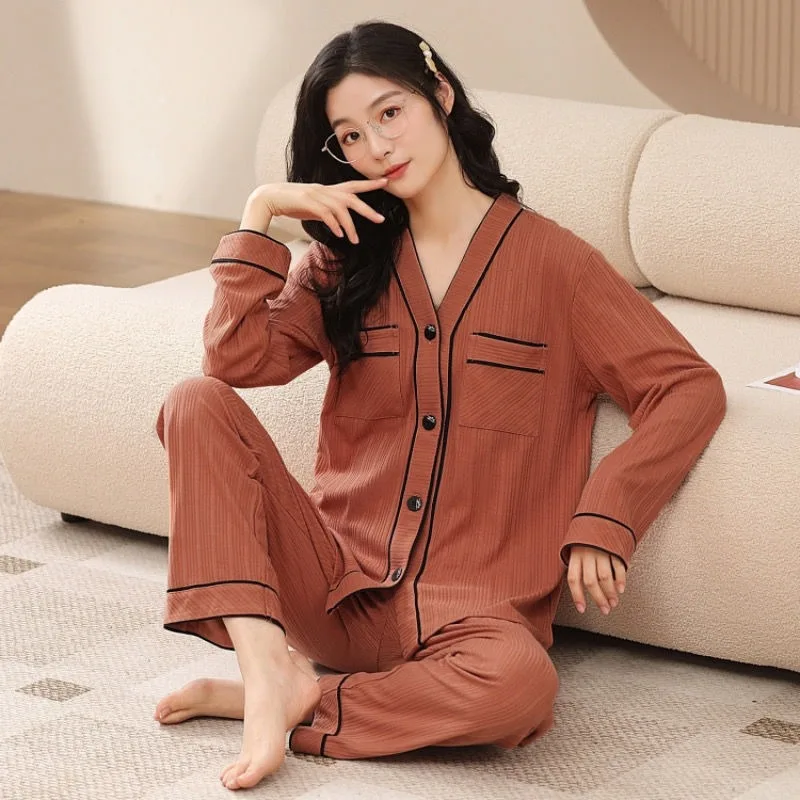 Pyjama en coton fin à manches longues pour femmes, pull à col en V, vêtements de maison d'été, printemps, automne, nouveau, 2023