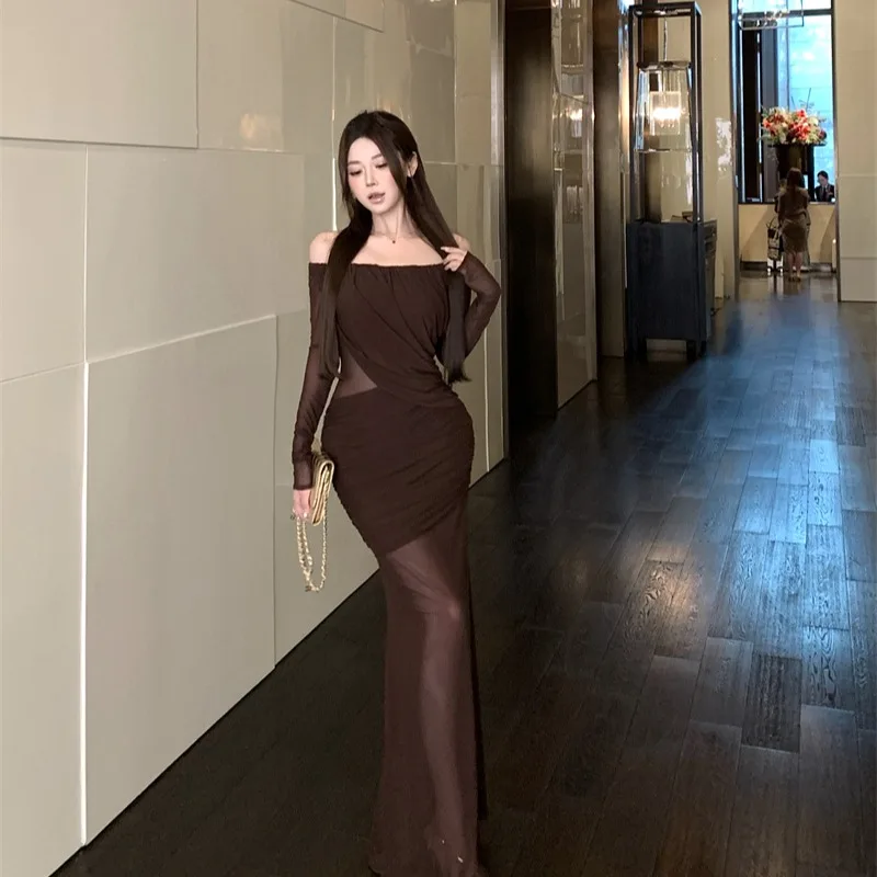 Oulder Bared Long Sve Bodycon Dr with Me Trim cintura ceñida Otoño Invierno nueva versión coreana Sle Falda larga Dr