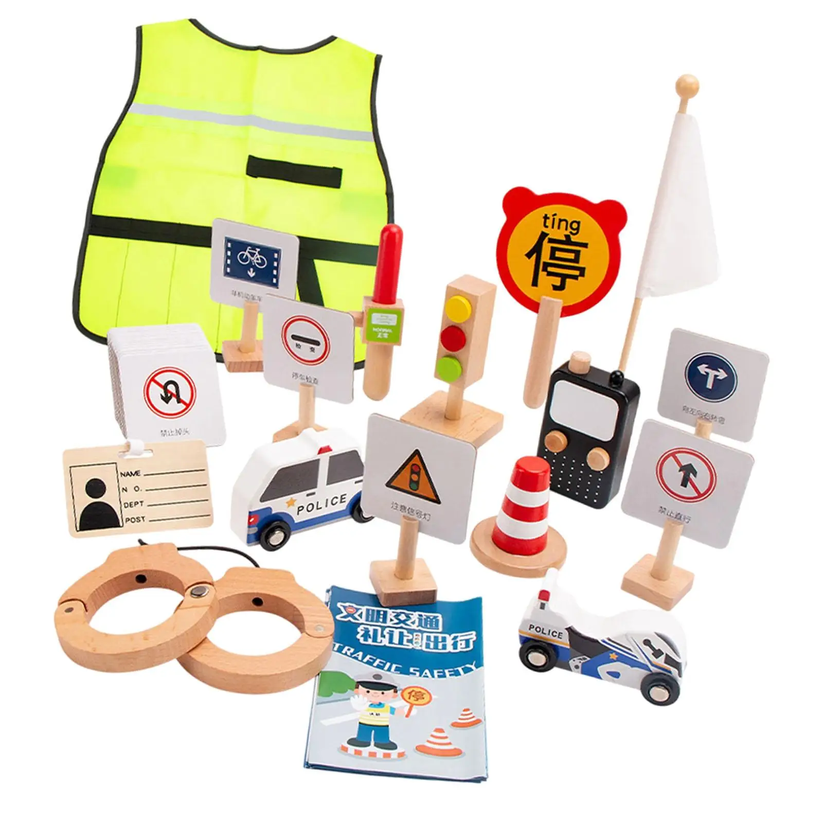 

Wood Road Signs Toy with Uniform Pretend Play Teaching Props Learning Toy for Kids Parent Child Interaction Boys and Girls