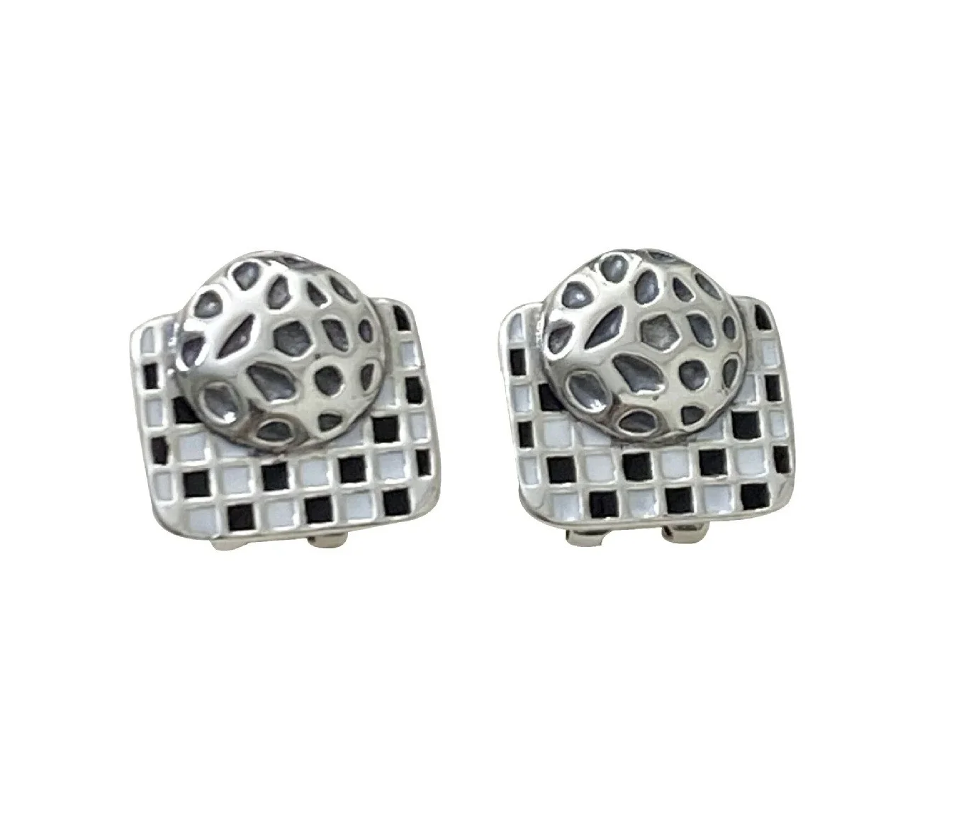 925 Sterling Silver Ear Studs and Ear Clips with Black and White Checkerboard Pattern Inspired by Lunar Landscape