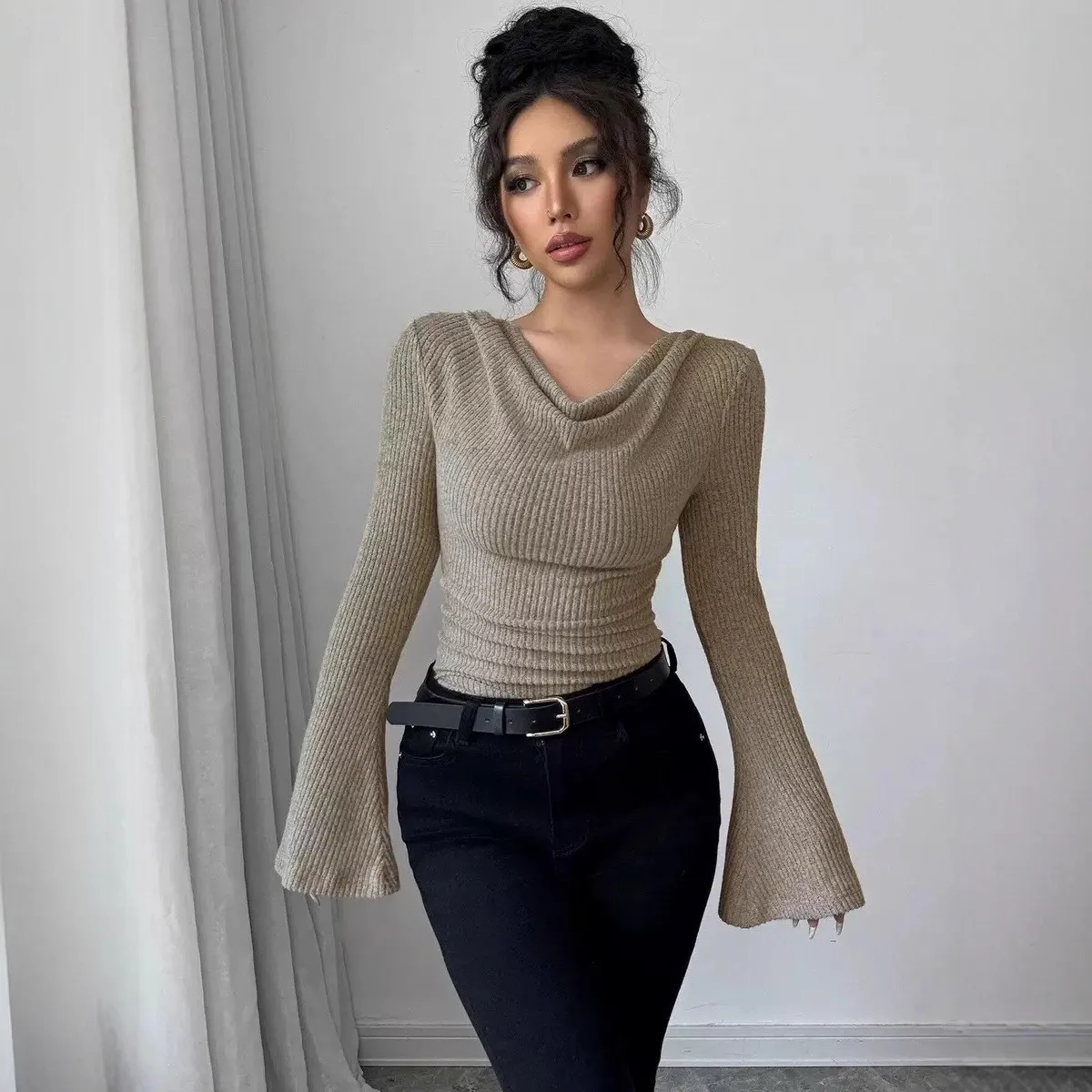 Women's Blouse Longsleeve Solid Color Long Sleeve Blouse Ribbed Cowl Neck Knit Top Bell Asymmetrical Hem Off Shoulder Top