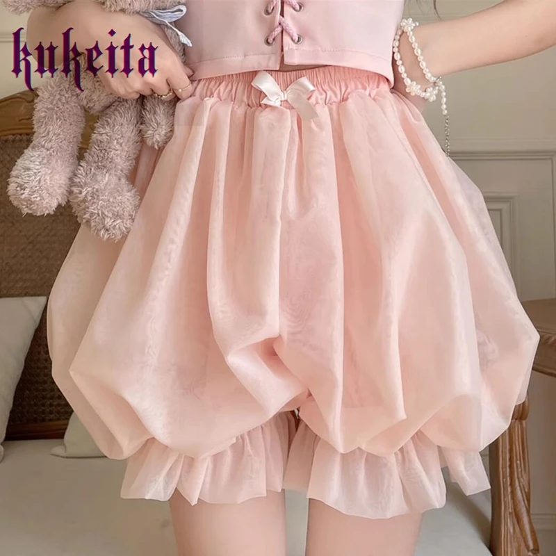 Kukeita Kawaii Cute Lolita Safety Short Pant Women Sweet Japanese Fluffy Jk Bloomers Harajuku Solid Color Ruffles Pumpkin Shorts