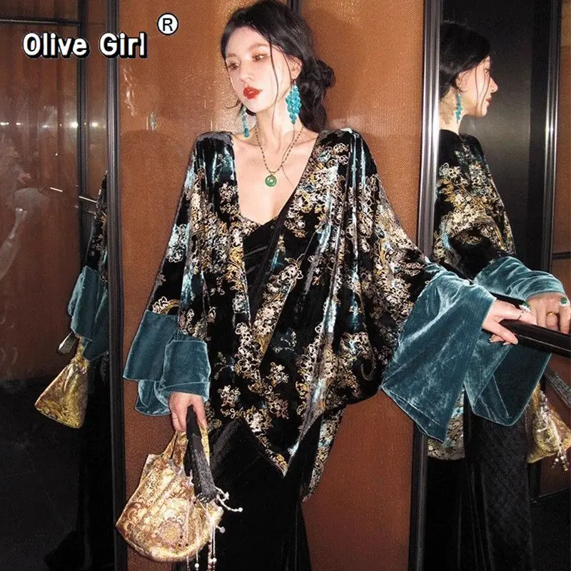 

Gold velvet contrasting coat high-end Jacket elegant blue gold+patchwork dress for women's clothing 2026 spring autumn