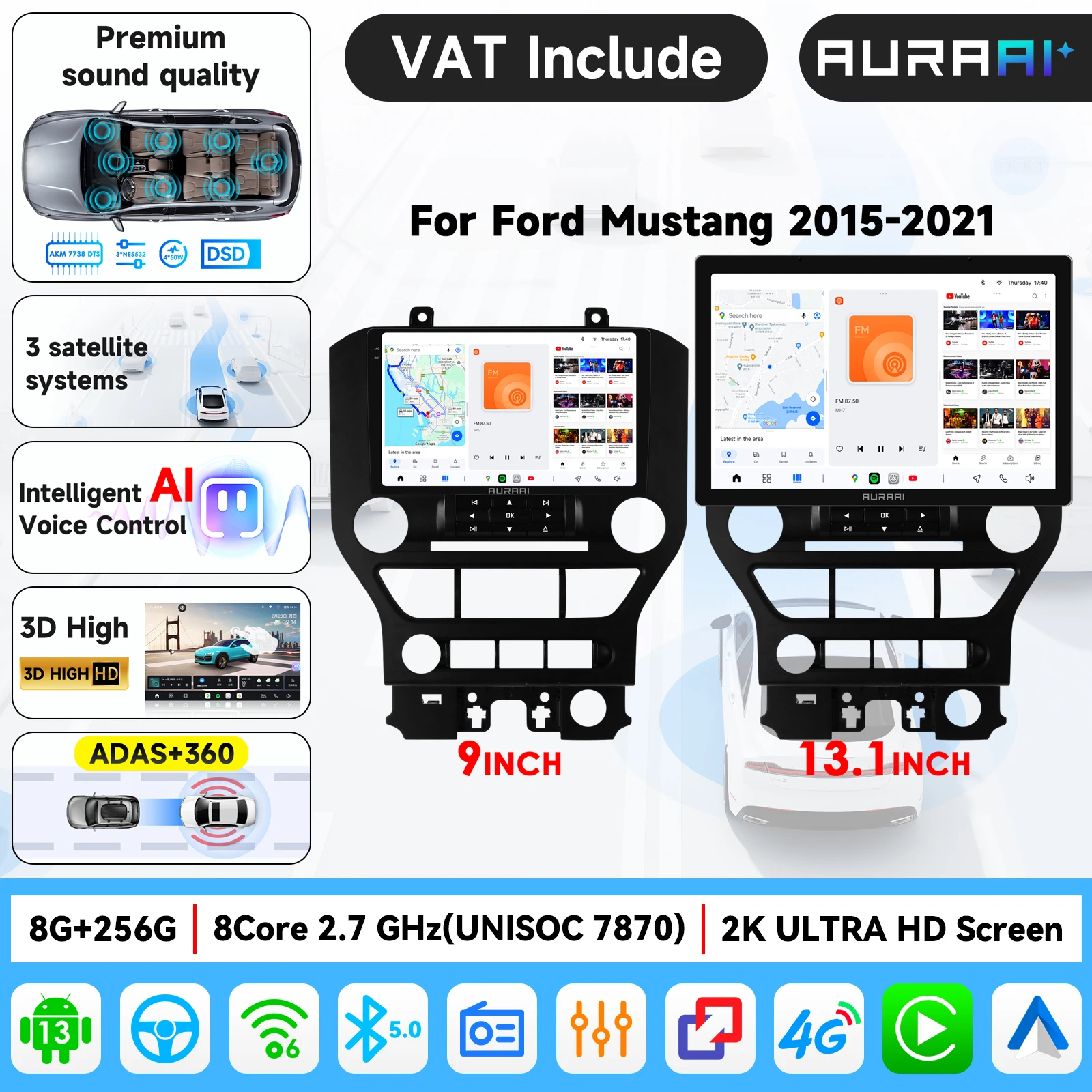 Systèmes intelligents pour voiture AURA AI 9'' Carplay Android Auto Radio pour Ford Mustang 2 2015 - 2021 Navigation GPS Lecteur audio stéréo Écran 1920*1200 Ultra 3D Haute interface Radio en ligne Amplificateur TDA7708,7851, AKM 7738 DTS, avec avertissement de sécurité de conduite style Tesla