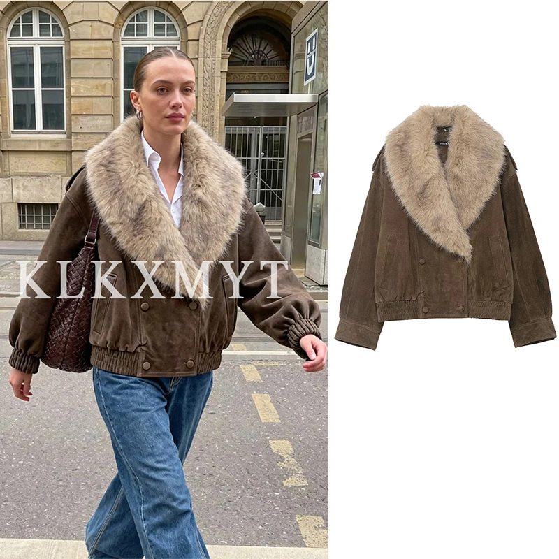 

Women's Bomber Jacket Women Long Sleeve Button Suede Fur Collar Jackets 2025 Autumn Lady High Street Solid Color Short Coats