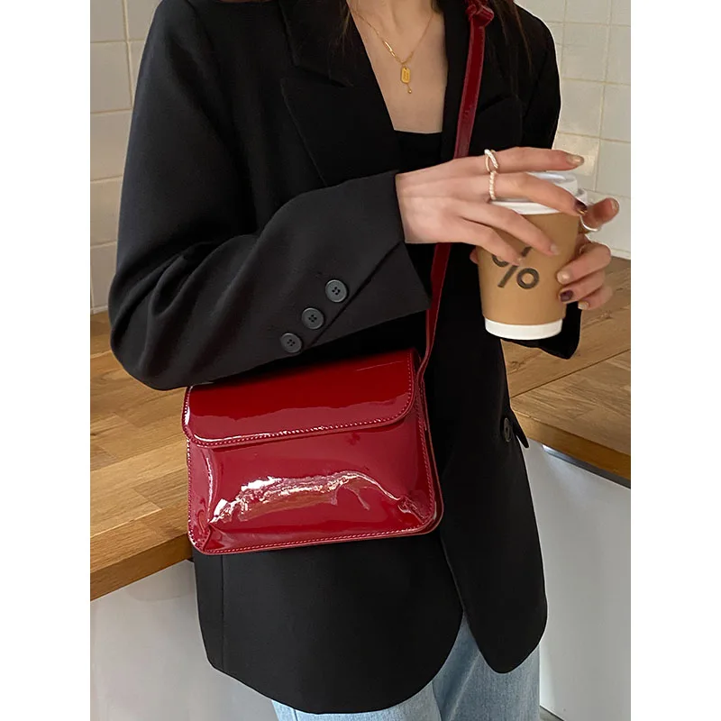 Retro Red Lacquer Leather Small Square Bag Underarm Bag 2023 New Fashion Versatile Square Handheld Shoulder Bag Crossbody Bag