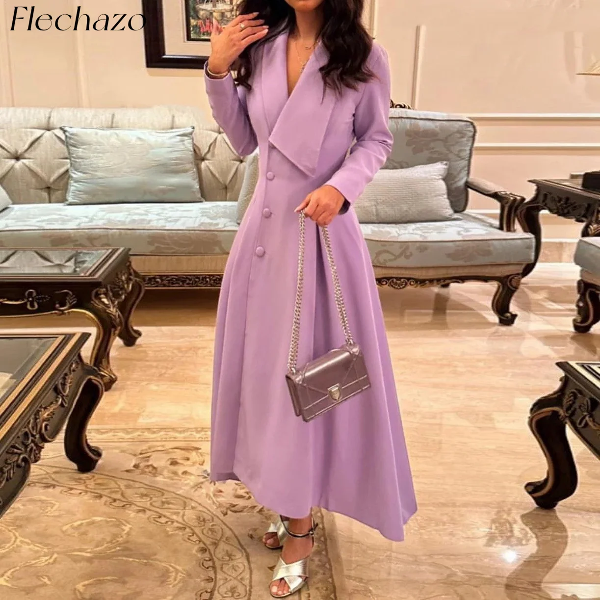 Flechazo Lavender Prom Dresses V Neck A Line Button Ankle-Length Formal Party Occasion Dress For Women 2024 vestidos para mujer