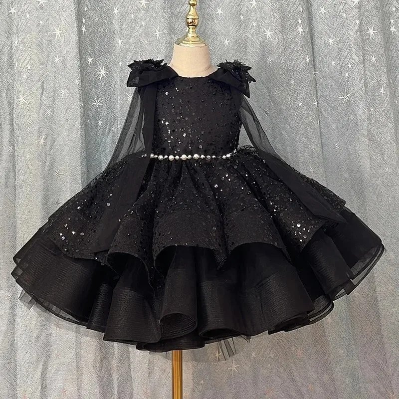 Customized Black Sequins Flower Girl Dress for Wedding With Bow Lovely Kids Birthday Party First Communion Elegant Ball Gowns