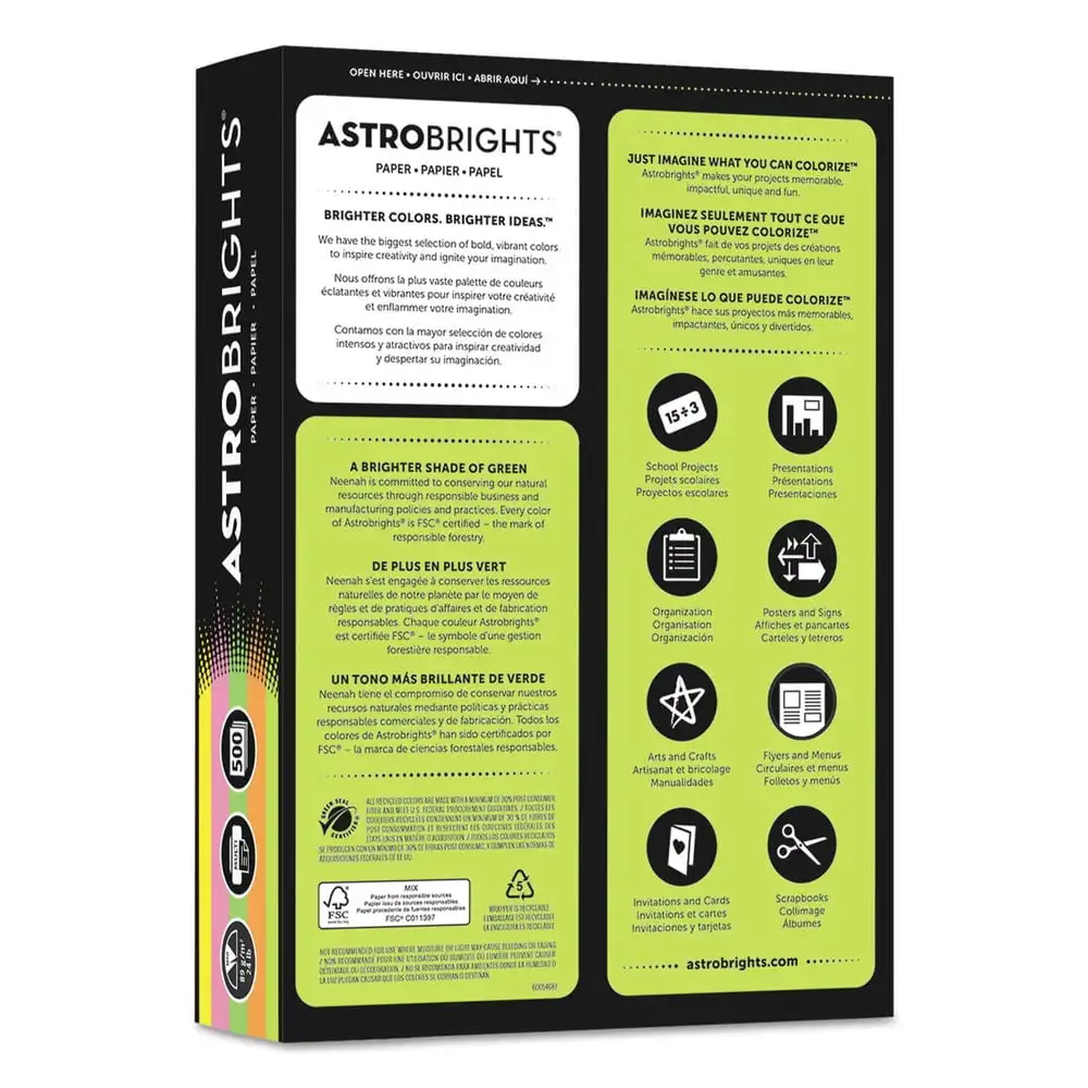 Astrobrights Color Paper - "Neon" Assortment, 24 lb., 8-1/2" x 11", 5 Colors, 500 Sheets