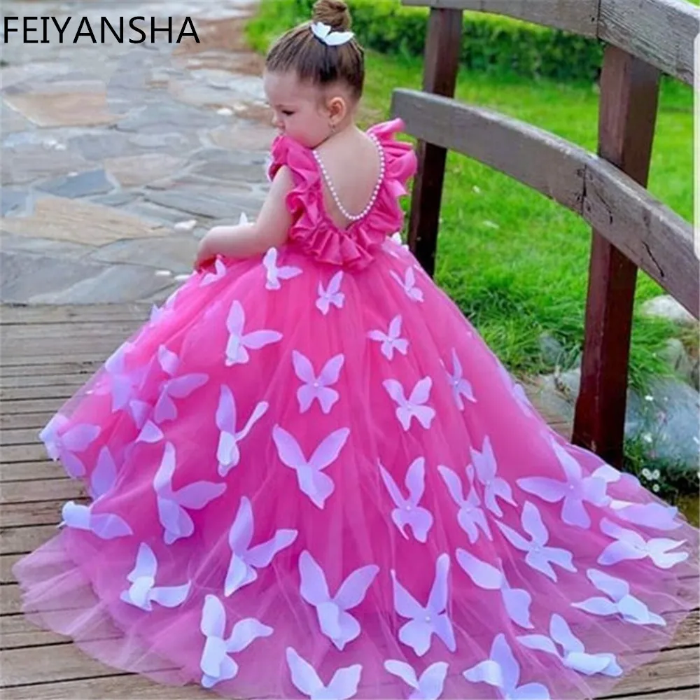 

Rose Pink Flower Girl Dresses Tulle Pearls Butterfly Flowers Short Sleeve For Wedding Birthday Party Banquet Princess Gowns