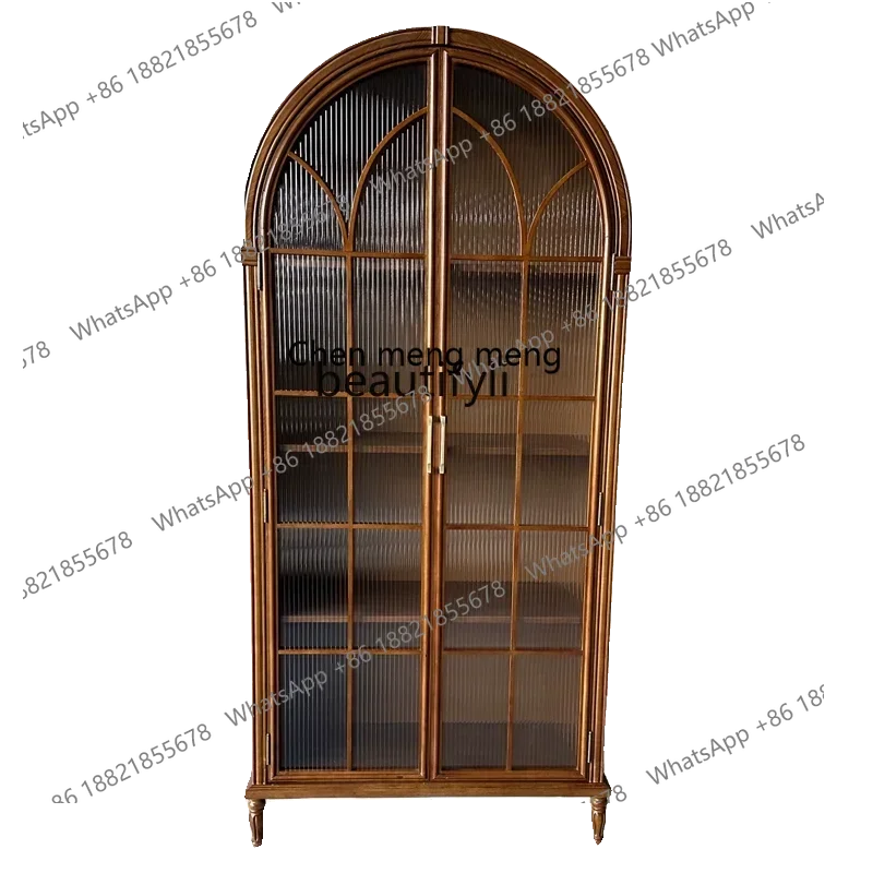Retro solid wood bookcase, living room art, glass bookshelf French light luxury arched decorative cabinet