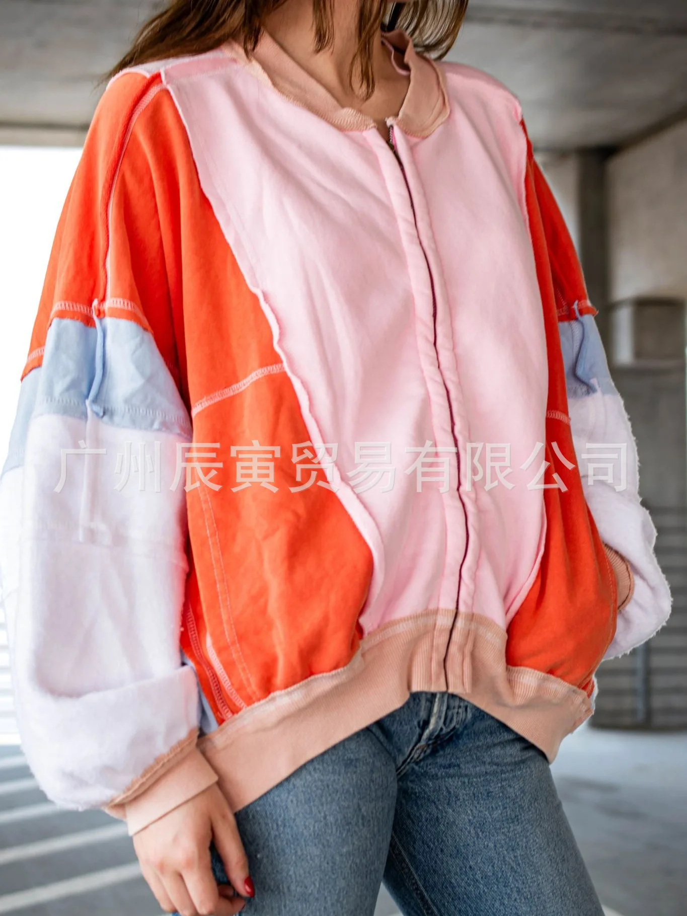 European and American New Fashion Rainbow Spell Color Baseball Jacket, Women Spring/autumn Loose Casual Patchwork Zipper Jacket