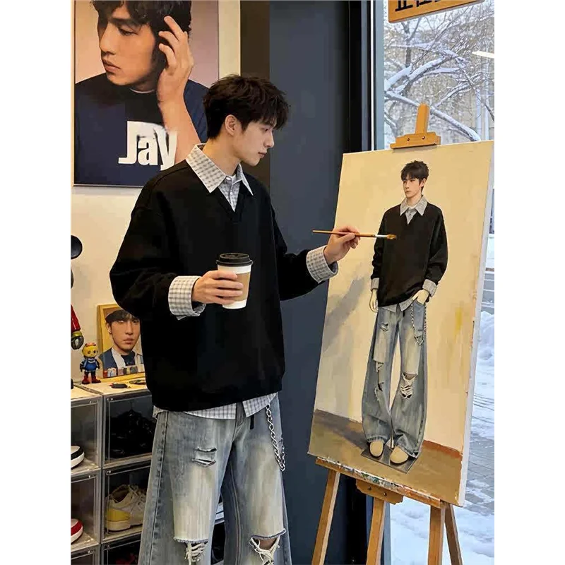 

Мужской клетчатый свитшот с отложным воротником, весенне-осенний, с эффектом двухслойности, в студенческом стиле, стандартный крой, тонкий.