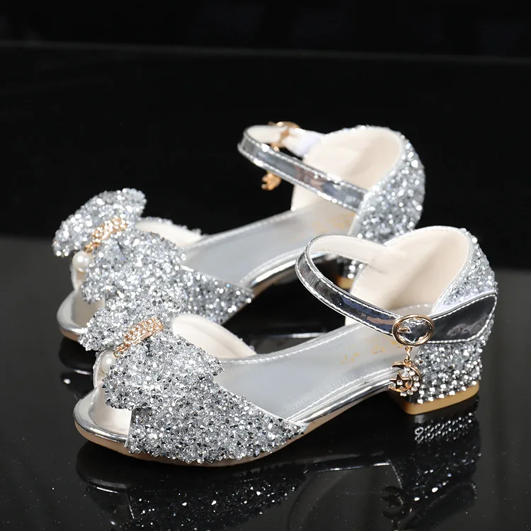 Girls Sandals Children\'s Crystal High Heels Fashion Soft Soles Kids Wedding Party Shoe Sparkling Rhinestone Princess Dance Shoes