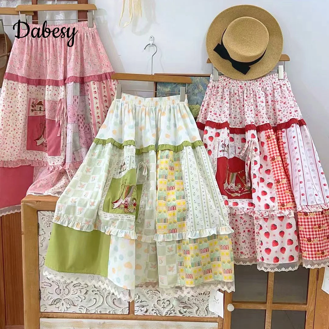 

Vintage Patchwork Pleated Long Skirt Women Japanese Mori Girl Lace Ruffled High Waist Cotton Linen Skirt Casual Loose Midi Skirt