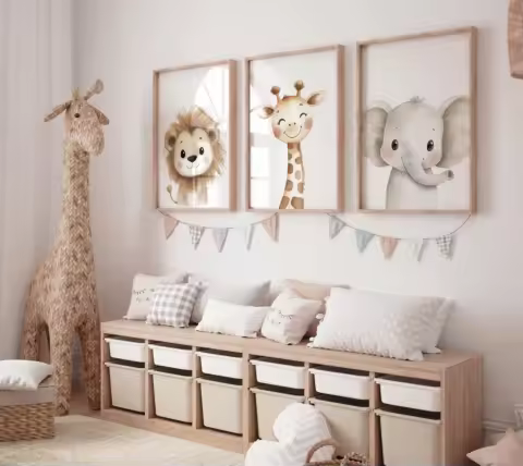 3pcs/set Watercolor Lion Giraffe and Elephant Canvas Poster Safari Animal Nursery Wall Art Prints for Modern Bedroom Home Decor