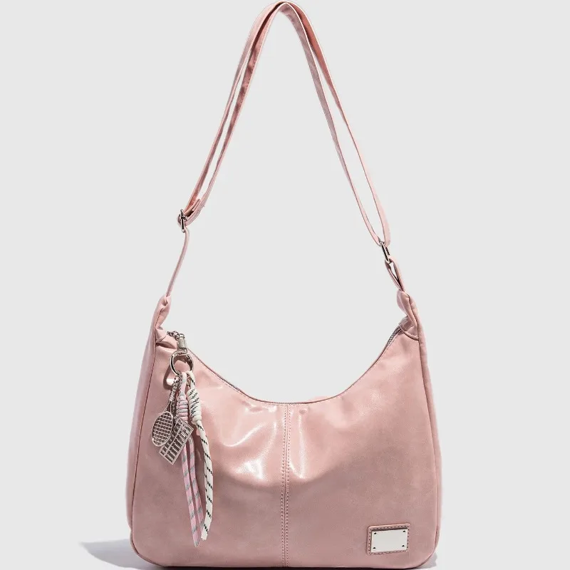 

Vintage Chic Women's Crossbody Bag - Pink PU Leather, Large Capacity, Tassel Detail, Casual Daily Use