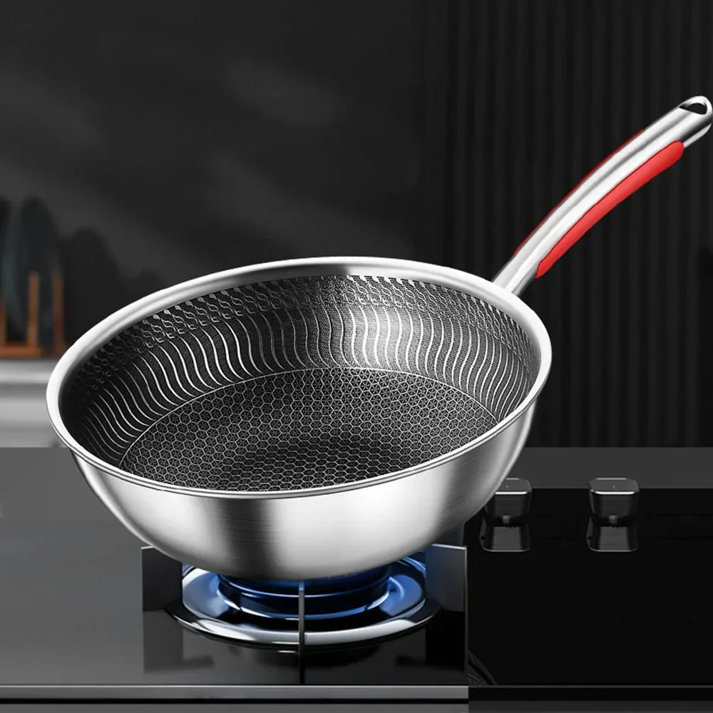 316 Full Stainless Steel Wok Thick Honeycomb Handmade Frying Pan Non Stick Non Rusting Gas/Induction Cooker Pan Kitchen Cookware