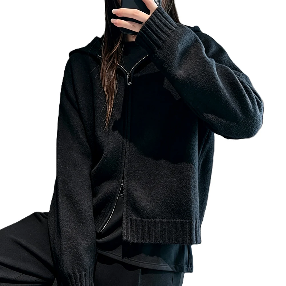 Women's Solid Color Hooded Knit Cardigan Coat Regular Length Loose-Fit Lightweight Layering Piece for Home and Outdoor Wear