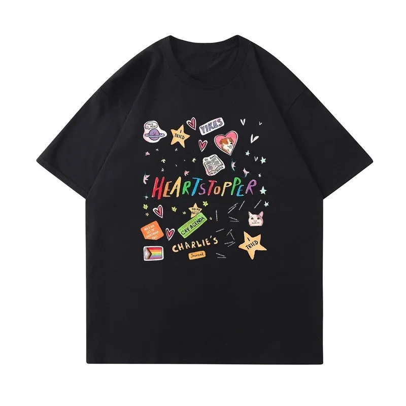 Heartstopper Trendy White T-Shirt with Colorful Patterns and Text Short Sleeve T-shirts Men Women Casual Vintage T Shirts
