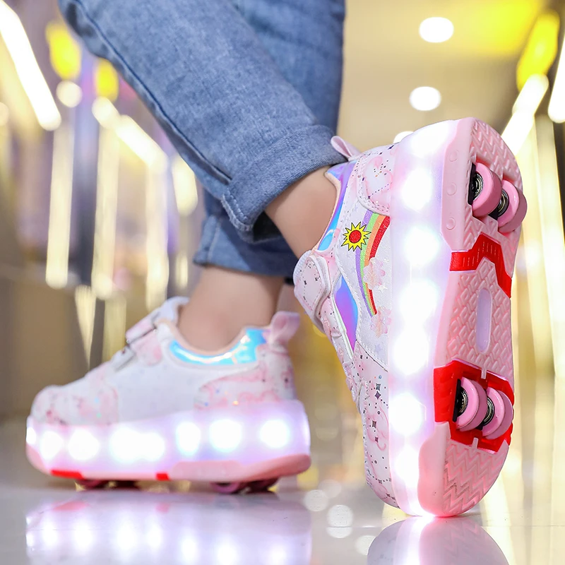 

New Girls' Older Kids' Heelys: 4-Wheel Detachable Light-Up Roller Skates, Breathable with Rotating Buckle