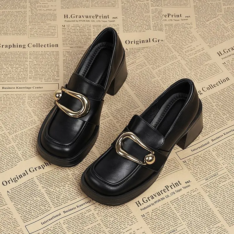 

2025 Spring and Autumn New Mary Jane High Heel Loafers for Women Retro Style Comfortable Stylish Black Leather Women's Shoes