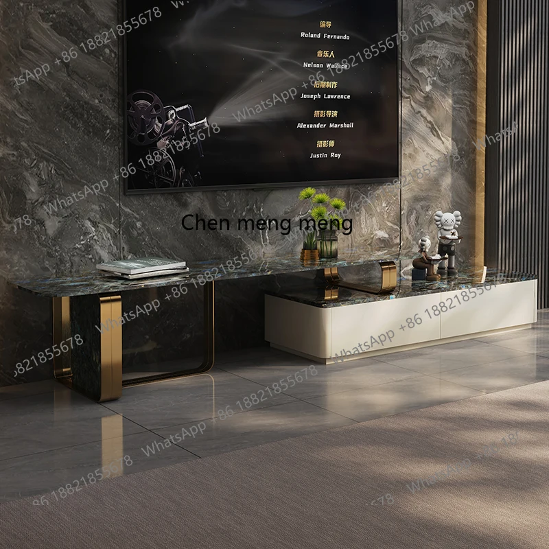 

Marble TV cabinet coffee table combination blue jadeite light luxury living room minimalist retractable floor cabinet