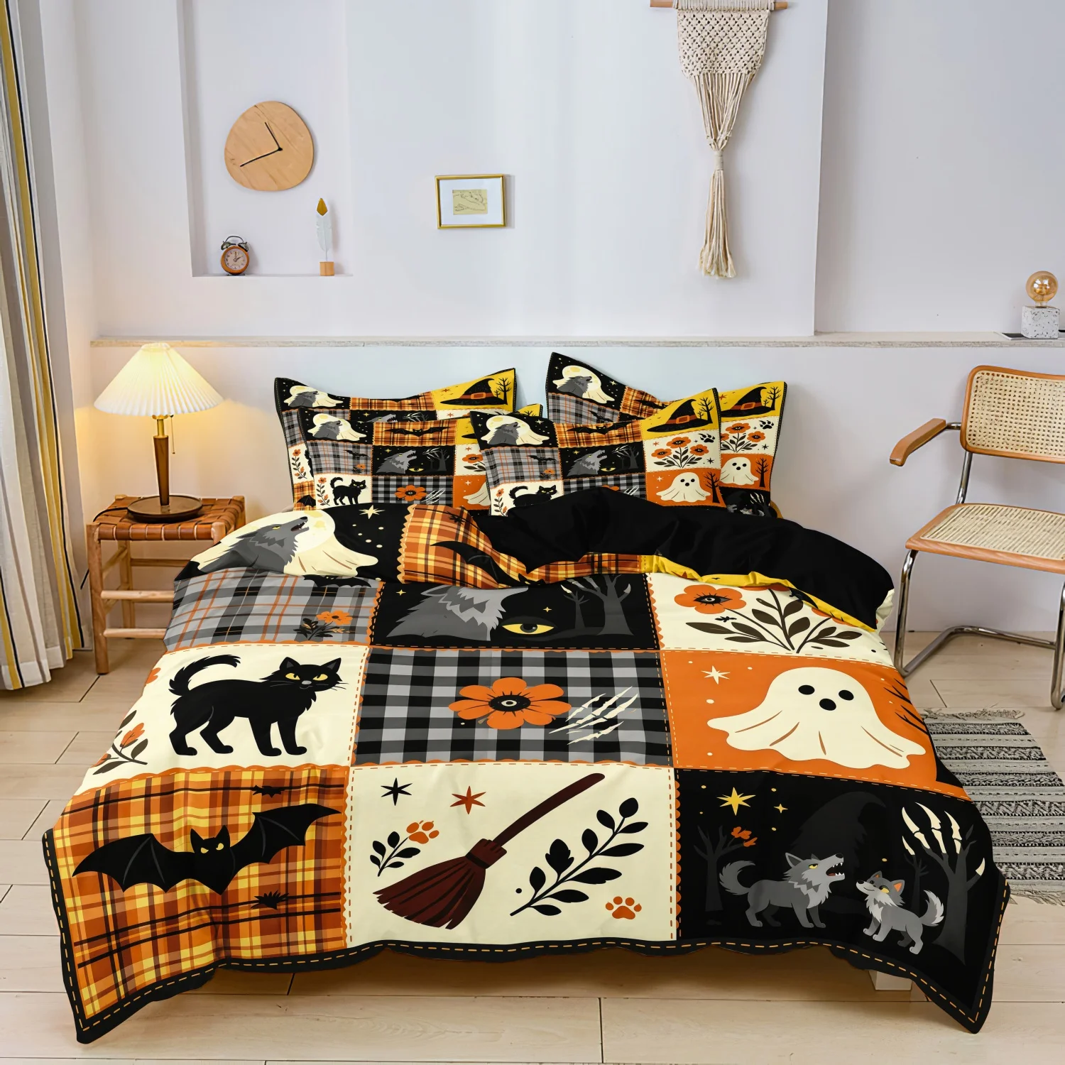 3Pcs Farmhouse Halloween Print Duvet Cover Bedding Set, Patchwork Grid Howling Wolf Black Cat Ghost Bat Broom Print Bedding,