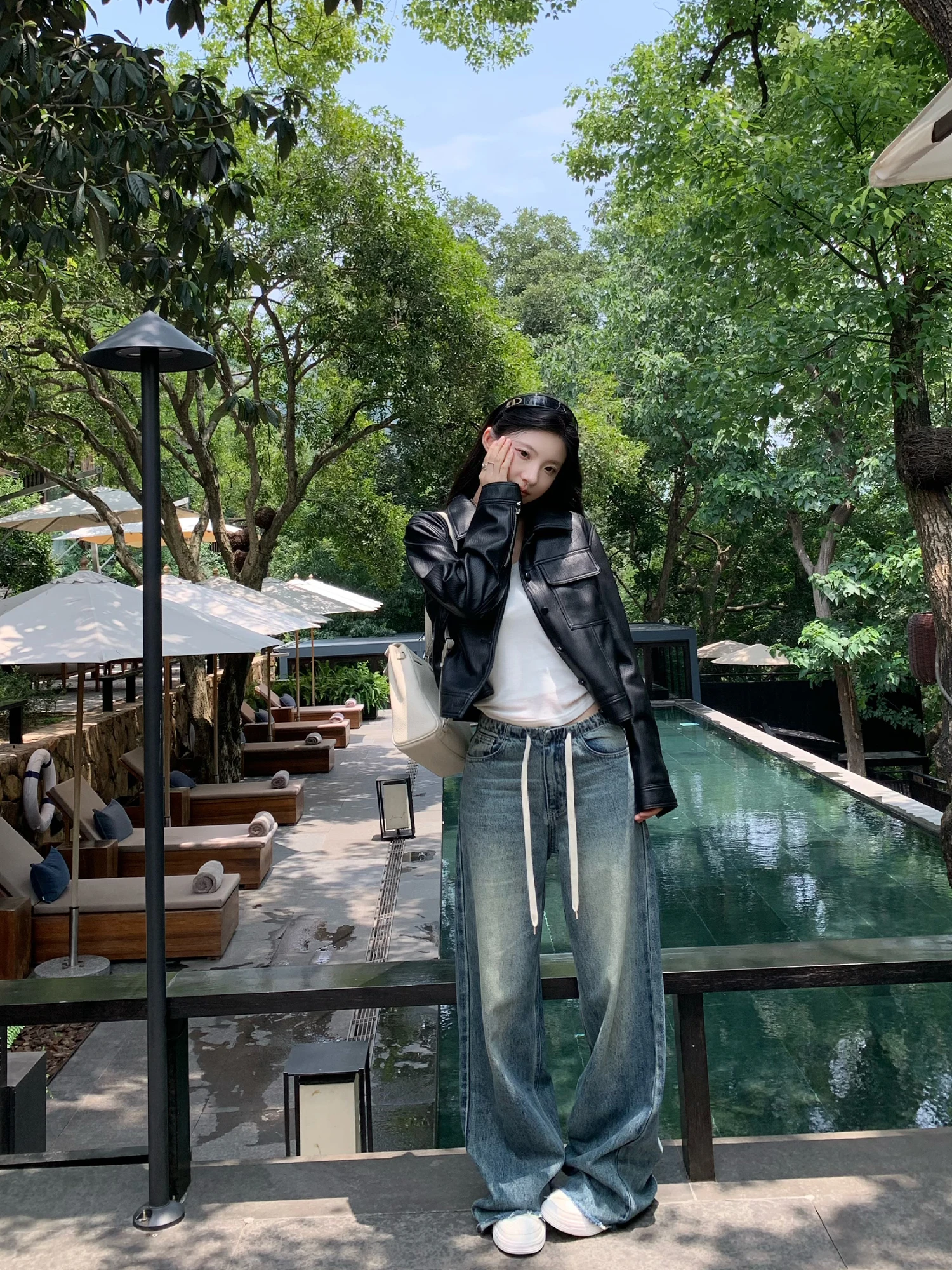 Yuzuqi Silver Town Cold Brew Bla Leather Jaet Damska Odzież Wysokiej Klasy ort Biker Sle Upper Apparel Odpowiednia Szerokość Ramion