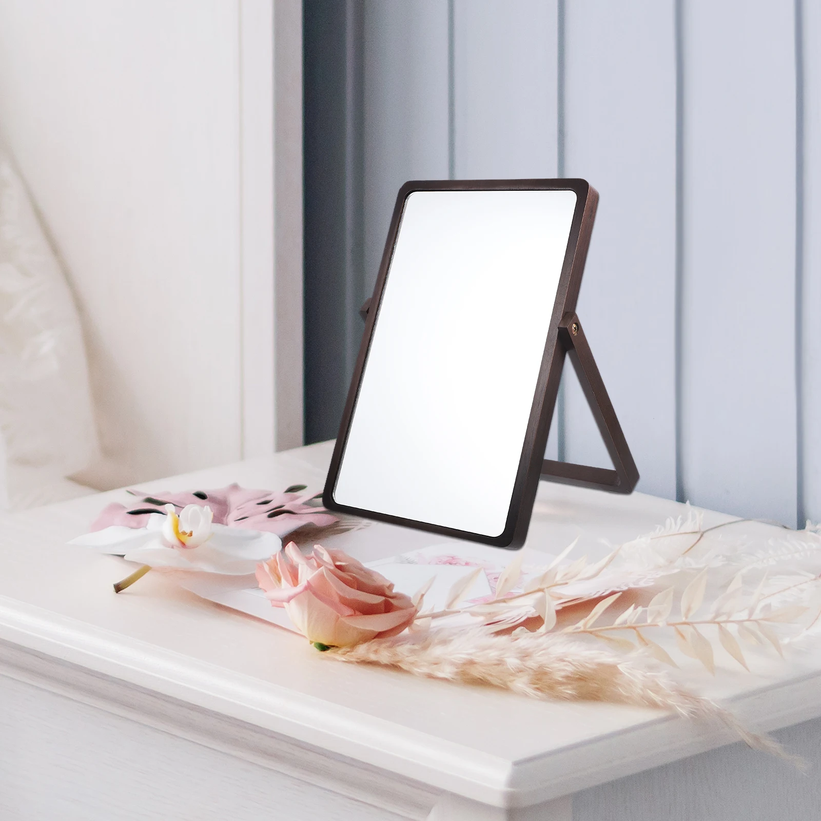 

Makeup Mirror Large Walnut Foldable Desktop Office Vanity Clear High Definition Stable Structure Simple Elegant Perfect Gift