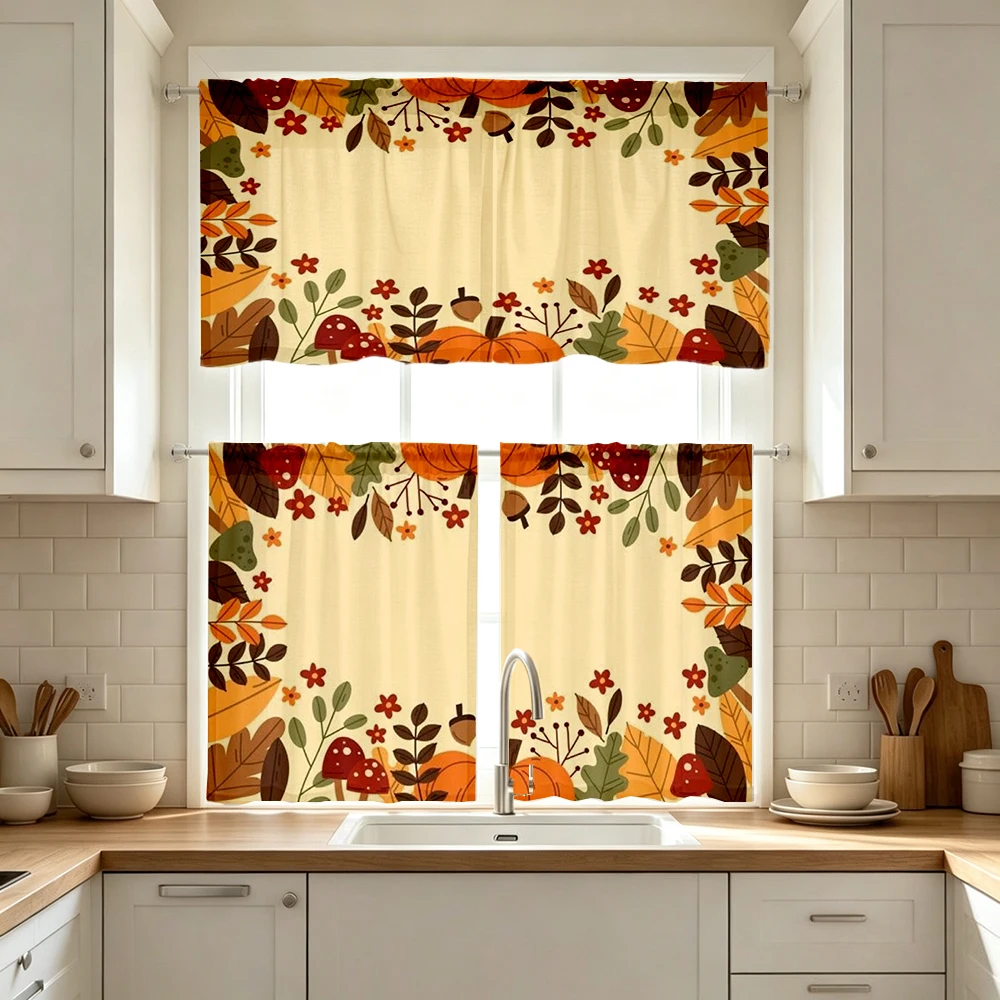 Fall Kitchen Curtains, Mushroom Leaf Branch Autumn, Digital Print, Kitchen Dining Room, Rod Pocket Polyester, Home Decor