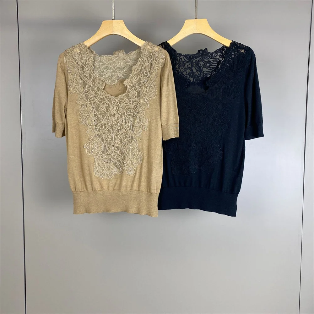 

2026 Spring/Summer New Silk Wool Lace Patchwork Knitted Short-Sleeve Top Stylish Commuters for Women