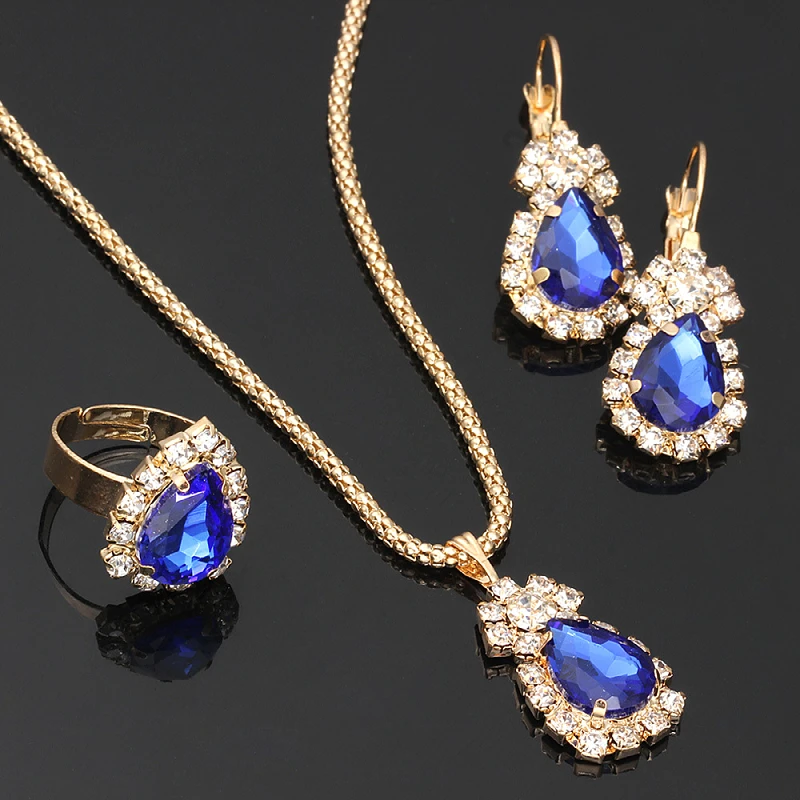 Gorgeous Multicolor Bridal Zircon Waterdrop Ring/Necklace/Earrings Jewelry Set for Women Anniversary Engagement Birthday Gifts